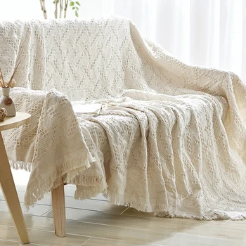

Cozy White Knitted Throw Blankets Swimming Beach Towel Cotton Sofa Couch Cover Living Room Bedroom Travel Plane Spring