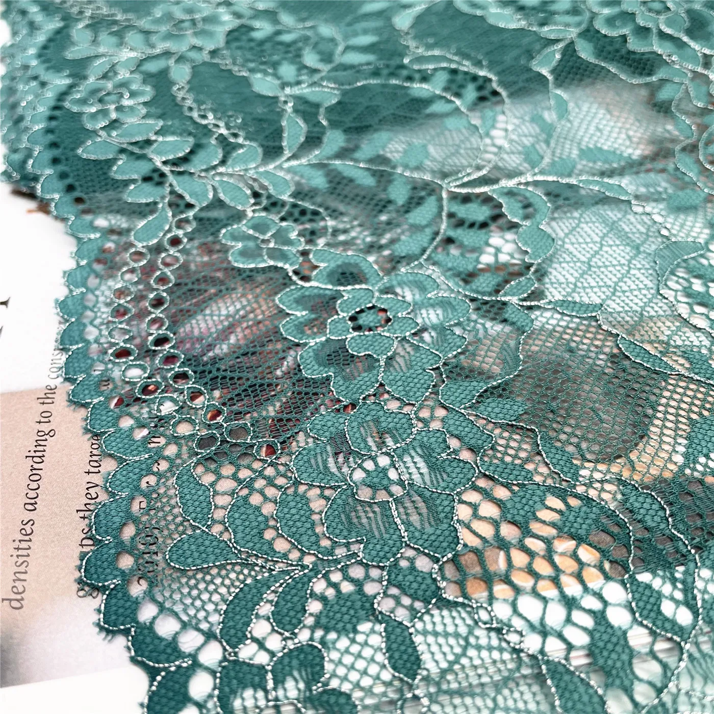 3y/lot W 8 1/4 inch 21cm Dark Green Silver Elastic Lace Trim 3