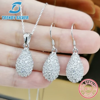 

complete pure 925 sterling silver zirconia clear CZ luxury jewelry set ring earrings for woman pendant necklace trendy design