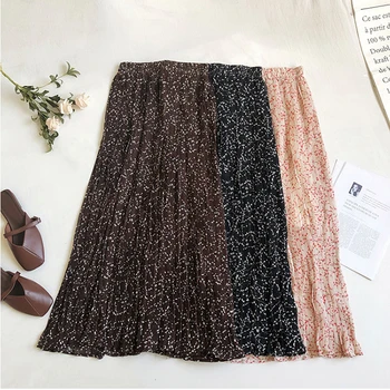 

Summer women vintage elegant Floral long skirt 2020 korean lady wild print high waist pleated skirts womens Casual skirts female