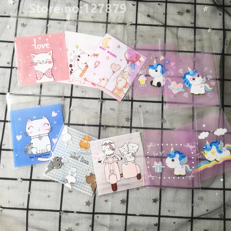 100pcs Cute Cartoon Gifts Wrapping Bags Cookie candies Packaging Self-adhesive Plastic Bags Wedding Favors Biscuits Package Bag