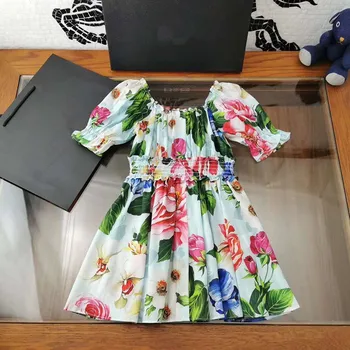 

2020 Summer New Girl's Children Beach Big Flower U Neck Elastic Waist and Cuff Pleated Dress 100-140 Baby Kids