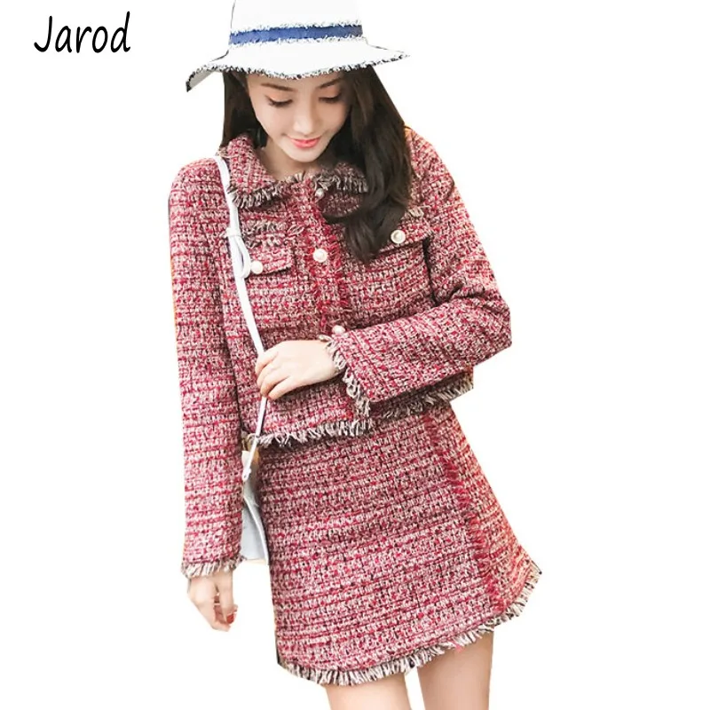 

2019 Women Skirt Sets Winter Europe Ladies Tassel Woolen Tweed Jacket + Short Skirt Suits Elegant Two Piece Womens Clothing Sets