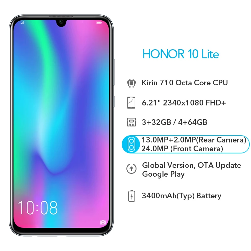 Глобальная версия смартфона Honor 10 Lite 32 ГБ/64 ГБ 6 21 дюйма экран 2340x1080 Восьмиядерный 24