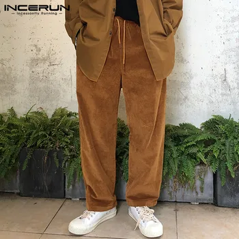 

INCERUN Mens Corduroy Straight Pants Drawstring Casual Streetwear Winter Joggers Trousers Men Retro Solid Color Pants S-5XL 2020