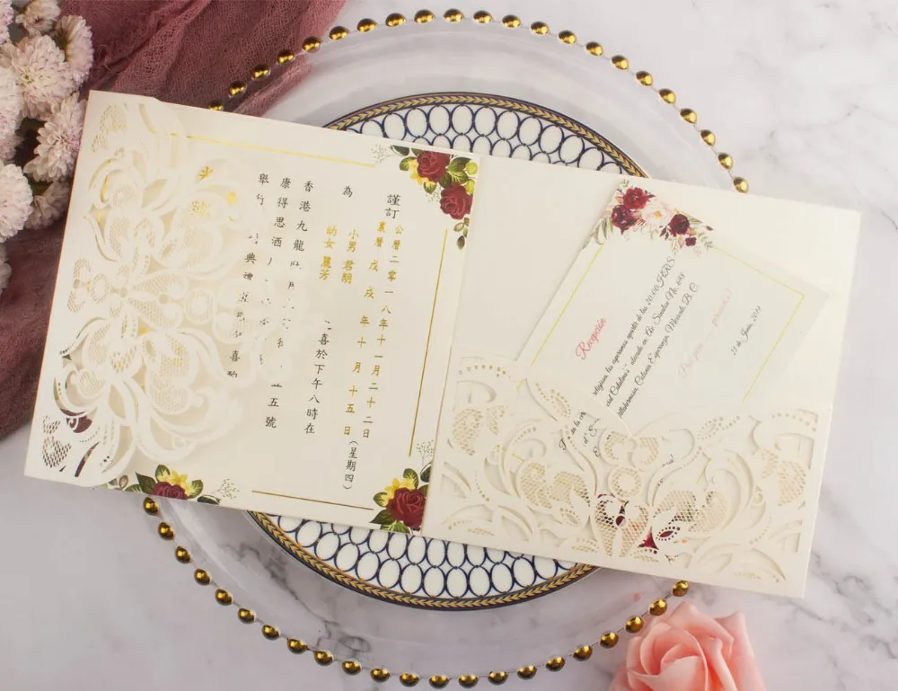 10pcs/lot pearl paper square pocketfold cards Laser Cut Wedding invitation Cards three folded Greeting cover for party supplies