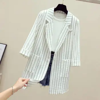 

2020 Spring And Summer New Loose Striped Women Suit Jacket Long Thin Casual Women's Blazer Plus Size S-4XL Coat Female Black