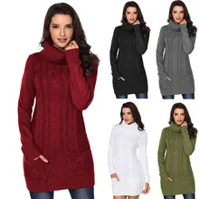 

Autumn Winter New Solid Color Long Sleeve High Neck Thick Warm Sweater Rib Knitted Medium Length Pullovers European Women 27836