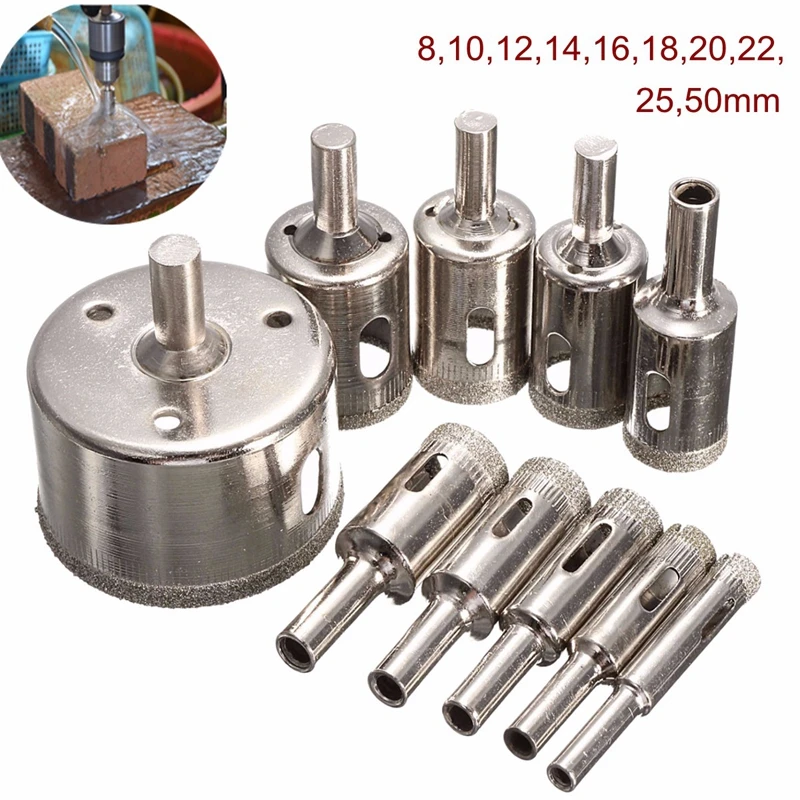 

10 Pcs Diamond Drill Bit Set 8mm-50mm Diamond Coated Core Hole Saw Drill Bits Tool Cutter for Glass Marble Tile Granite Drilling