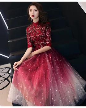 

2019 Half Sleeves Short Evening Dress Wine Red Sequins High-neck Formal Party Dress