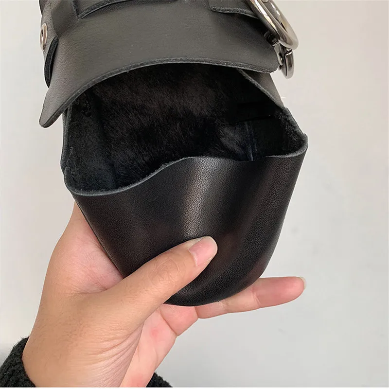 New Black Genuine Leather Loafers Shoes Soft Sole Winter Wool Keep Warm Shoes Woman Belt Buckle Casual Flat Zapatos Mujer