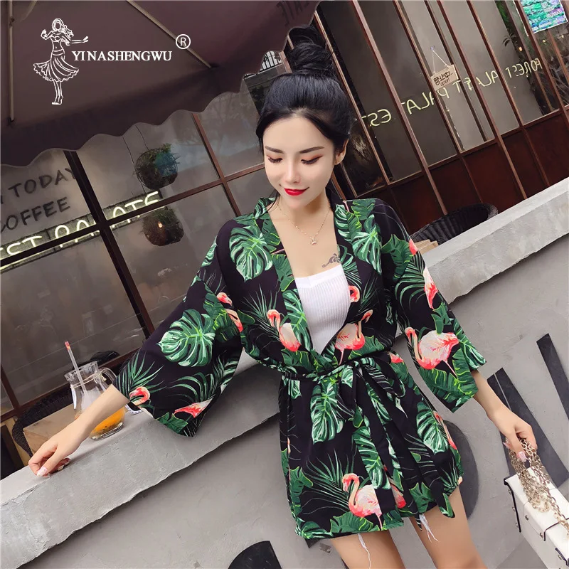 Yukata Women Kimono Shirt Cardigan Beach Fashion Cosplay Costume Asia Japanese Traditional Kimonos With Belt Sunscreen Blouse