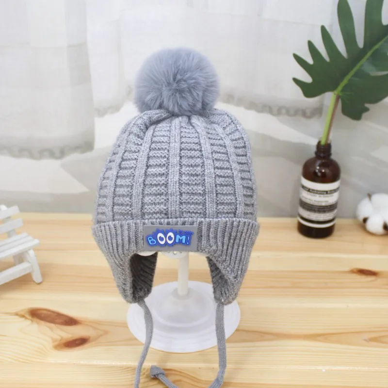 Autumn Winter Baby Boy Girl Hat with Pom Pom Cartoon Lace-up Children Kids Baby Bonnet Knitt Cap for 1-3 Years 5 Colors