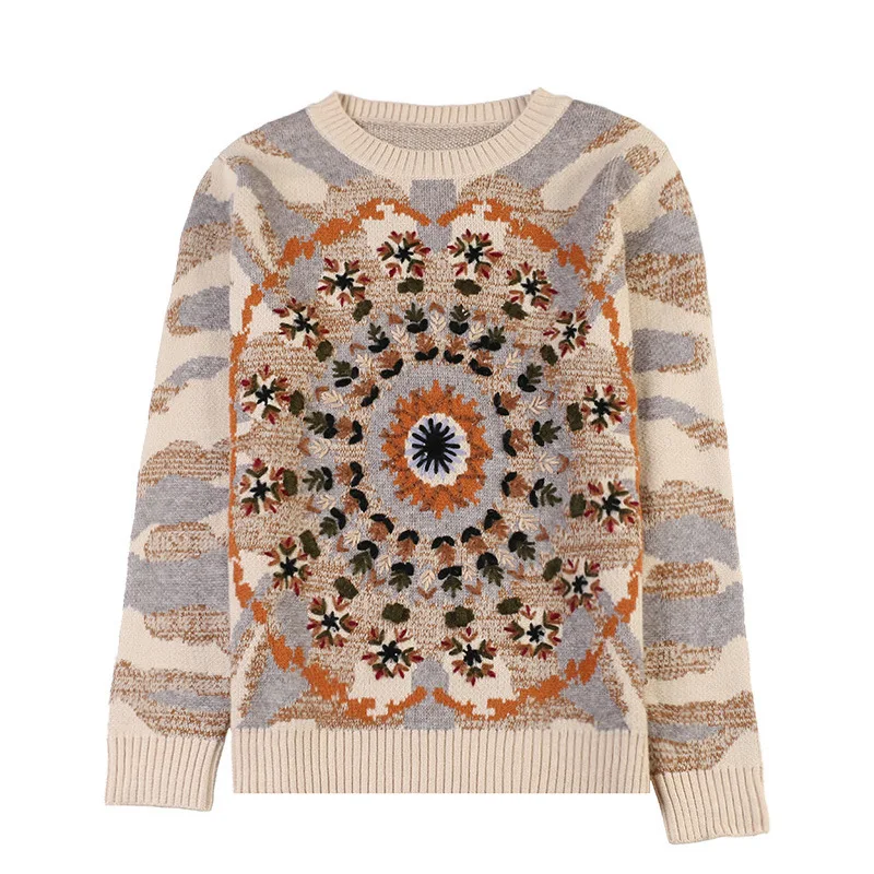 Подиумная геометрическая вышивка женские свитера пуловеры с длинным рукавом с круглым вырезом Женский вязаный свитер джемпер осенне-зимняя одежда