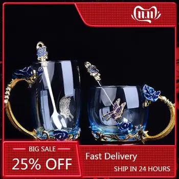 

Hand-made Enamel Coffee Mug Crystal Cup Milk Lemon Flower Tea Cup High-grade Glass Drinkware Gift Couple Mug for Lover Wedding