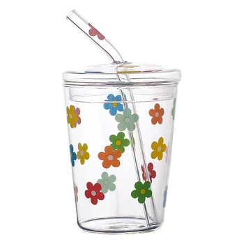 

1pc Straw Cups Flower Pattern Water Cup Useful Glass Cups Beverage Cup With Dust Cover Drinking Cup Kitchen Accessories
