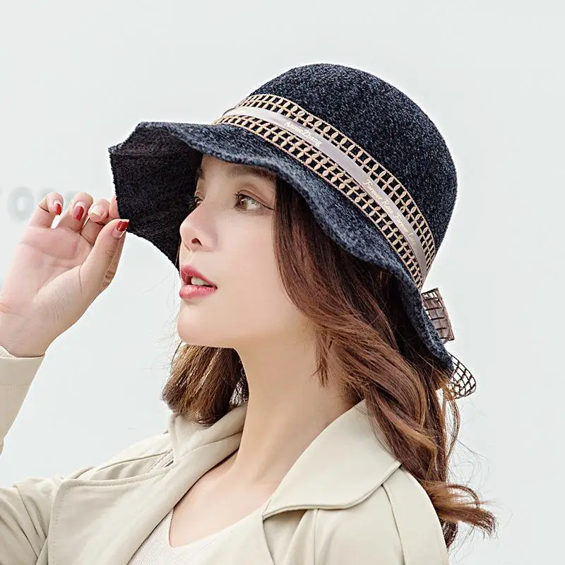 COKK Дамский винтажный капор шляпа-ведро для женщин Gorras вельветовые шляпы-ведро женские с бантом из ленты корейская шляпа для путешествий - Цвет: Black