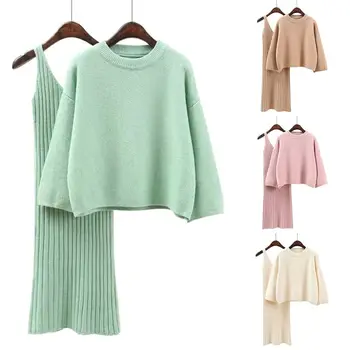 

Women Long Knitted Bodycon Two-piece Skirts Suit +Solid Color O Neck Sweaters Slim Autumn Winter 2PCS Set