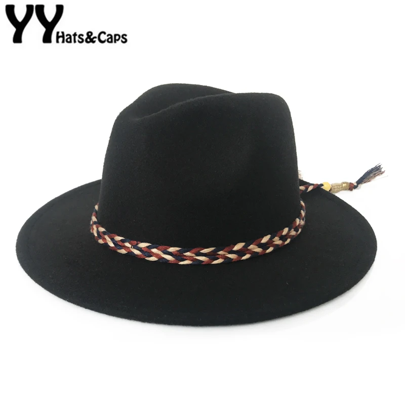 YY широкополый шерстяной войлок Джаз Fedora шляпы красочные веревки Панама мужские осенние Трилби женские Gambler церковные шляпы Боулер FD19012