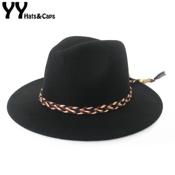 

YY Wide Brim Wool Felt Jazz Fedora Hats Colorful Rope Panama Men Autumn Trilby Women Gambler Church Bowler Hats FD19012