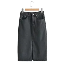 Женские черные джинсовые юбки, винтажная Женская юбка миди, модная повседневная Брендовая женская миди до середины икры, saias faldas