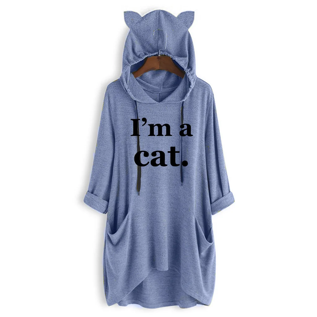 Blue Hoodie Большие размеры толстовки для женщин с буквенным принтом карман над размером d свободные удобные толстовки милый пуловер кошка Толстовка Топ из тонкой ткани 5XL - Цвет: Blue Hoodie