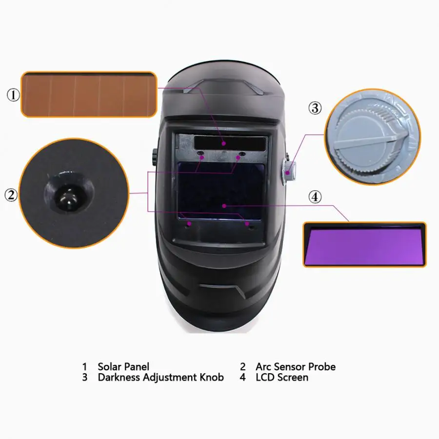 Big View Area 4 Arc Sensor DIN5-DIN13 Solar Auto Darkening TIG MIG Welding Cap Mask Welder Helmet