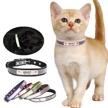 

Personalized Cat Collars Reflective Leather Customized Cat Dog Collar Free Engrave Name Phone Number ID Pet Cat Anti-lose Collar