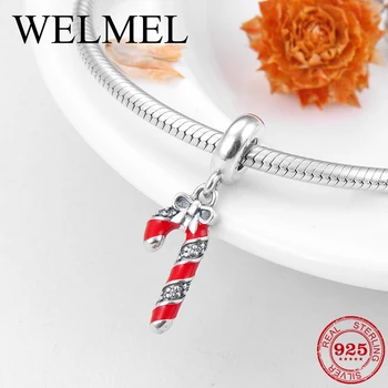 

Beautiful Christmas gift Bow Real Enamel candy cane Clear CZ Pendants Fit Original Pandora Charms Bracelet Jewelry making 2018