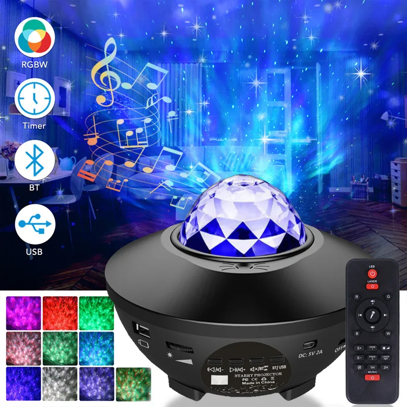 Projector Starry Sky LED Night Lights Galaxy Star with Ocean Wave Music Speaker Nebula Ceiling Lamp Led lights for Room Gift | Лампы и