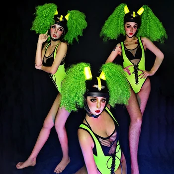 

Bar Nightclub Women DJ Dance Team Costume Fluorescent Green V-Neck Bandage Bodysuit Headgear Dance Outfits Space Dance Costume