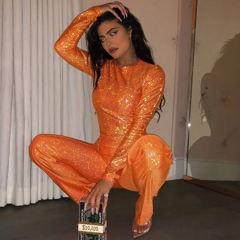 BOOFEENAA Kyliejenner блестящий оранжевый комплект из двух предметов топ и брюки женские комплекты одежды сексуальные осенние зимние Клубные наряды C66-AH43