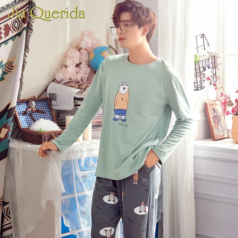 Bear Printing Pajamas Sets Man Leisure Cotton Pajama O-Neck Elastic Waist Regular Sleeves Solid Mens Sleeping Clothes Men Pyjama