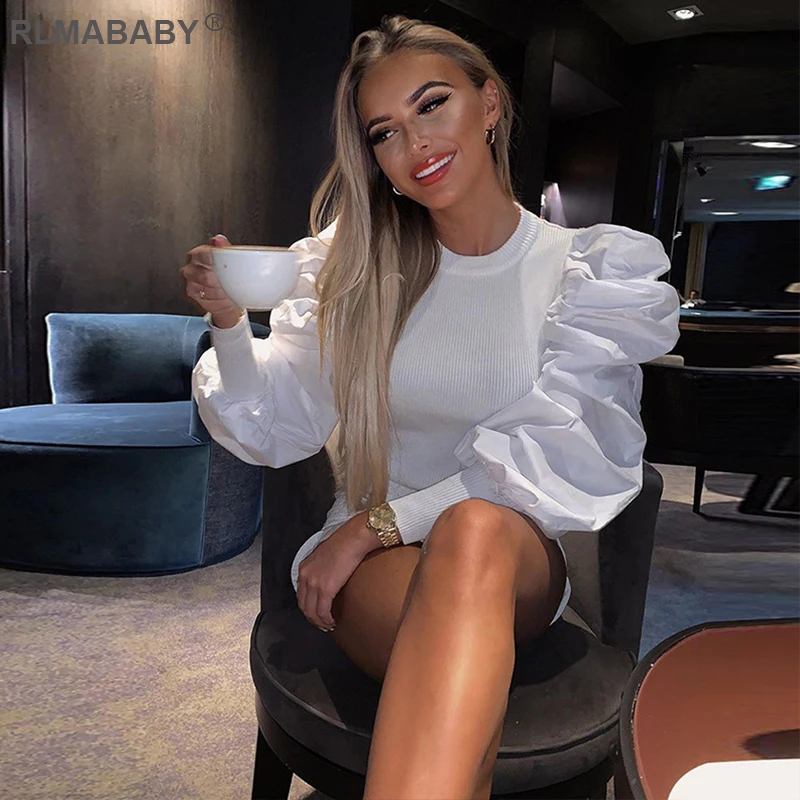 RLMABABY Vintage Puff Sleeve Sexy Women Tshirts O Neck Female Tee Shirts Knitted Ribbed Spliced Casual Autumn Winter Ladies Top