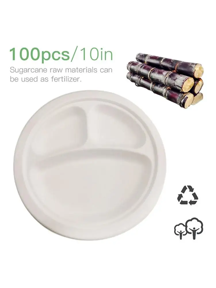 100 шт одноразовые тарелки Compostable натуральные волокна сахарного тростника пластина для Вечеринка барбекю Кемпинг 10 дюймов