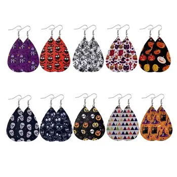 

10 Pairs Halloween Earrings Double-sided Printing Decorative Drop-Shaped Earrings PU Leather Earrings for Women Girls Ladies