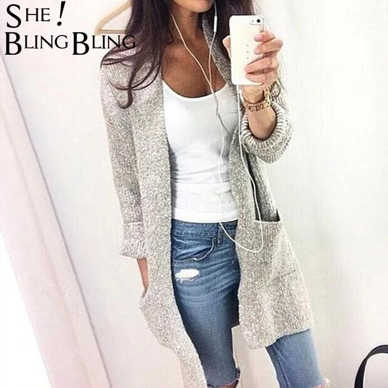 SheBlingBling размера плюс S-5XL вязаный длинный кардиган женский свитер осень зима длинный рукав карманы повседневное женское пальто