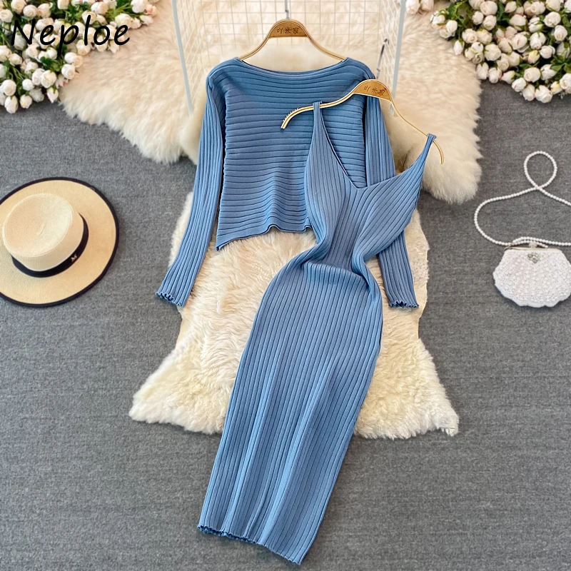 Neploe Temperament Ladies Dress Sets Crewneck Sweater Cloak Tops + Knitted Vest Dresses Women Two-piece Suit Fall Winter New | Женская