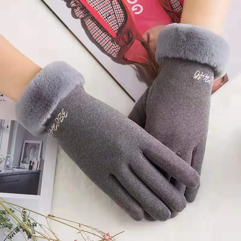 B-Gray Женские перчатки, бархатные, сохраняющие тепло, с сенсорным экраном, двойные, толстые, на весь палец, ветрозащитные, зимние, плюшевые, для езды на велосипеде, на запястье, перчатки G005 - Цвет: B-Gray