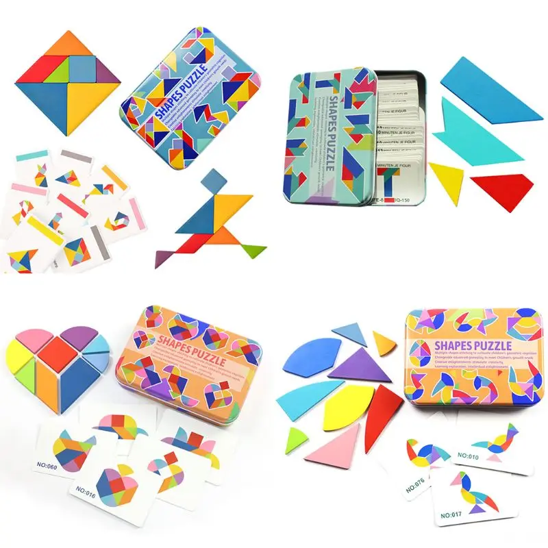 Деревянные головоломки набор Классический Tangram головоломки в железной коробке ребенок Фокус Обучение подарки 72XC