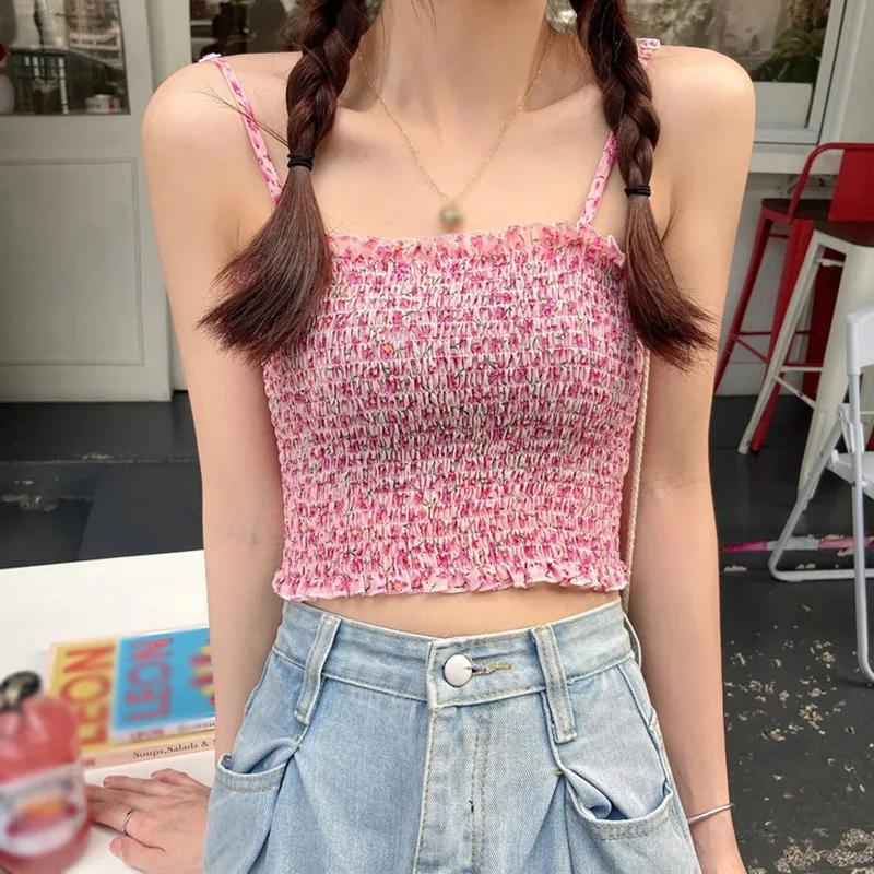 

Women's Floral Print Chiffon Tops Fashionable Sexy Sweet Summer Camis Fresh Exposed Navel Camisole Top
