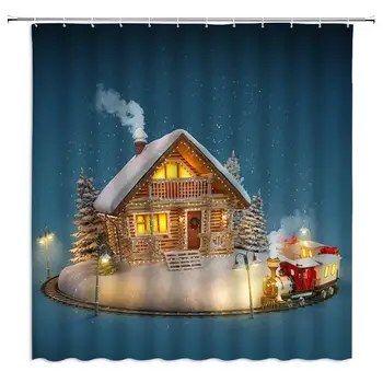 

Christmas Shower Curtains Xmas Cartoon House Winter Snow Scenery Small Train Holiday Theme Kids Bathroom Decor Home Bath Bathtub