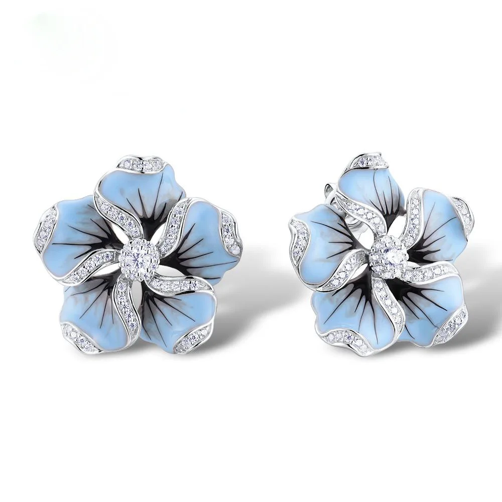 New Elegant Ladies Shiny Zircon Crystal Blue Lotus Tree Small Stud Earrings For Women Wedding Statement Brincos Jewelry Gifts | Украшения и