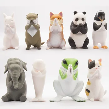 

9pcs Cute Blessing Animals Figure Shiba Inu Cat dolphin Elephant Frog Panda Clap the palm Pray for blessing Lucky decor gift toy