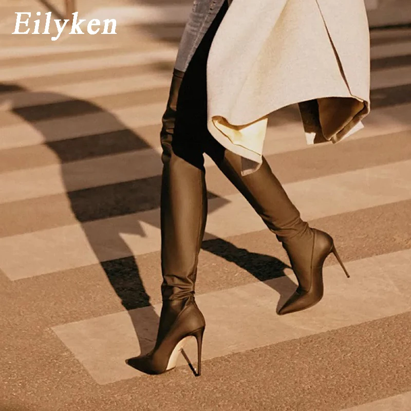EilyKen New Soft Leather Over the Knee Boots Woman Extreme Thigh High Boots Sexy Pointed Toe Winter Warm Short Plush Bootties