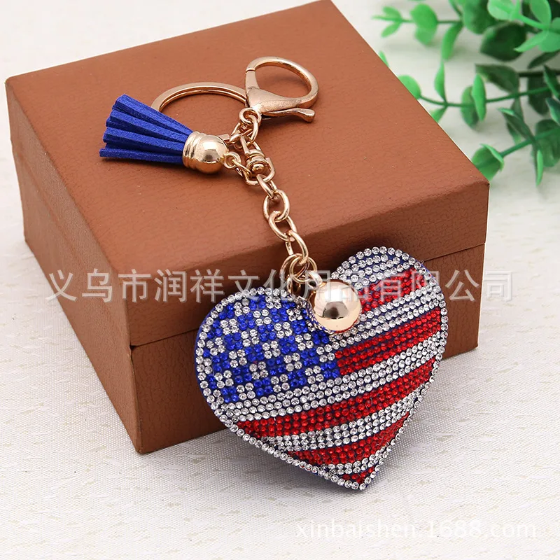 

Europe And America Fashion Top Grade Hot Drilling Suede Heart Hanging Decoration National Flag Key Chain Keychain Handbag Pendan