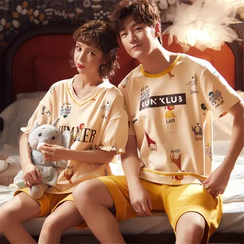 

Pajamas for Couples Summer cotton short-sleeved shorts set sleepwear for men Student loose lounge wear for men Homewear Big Size