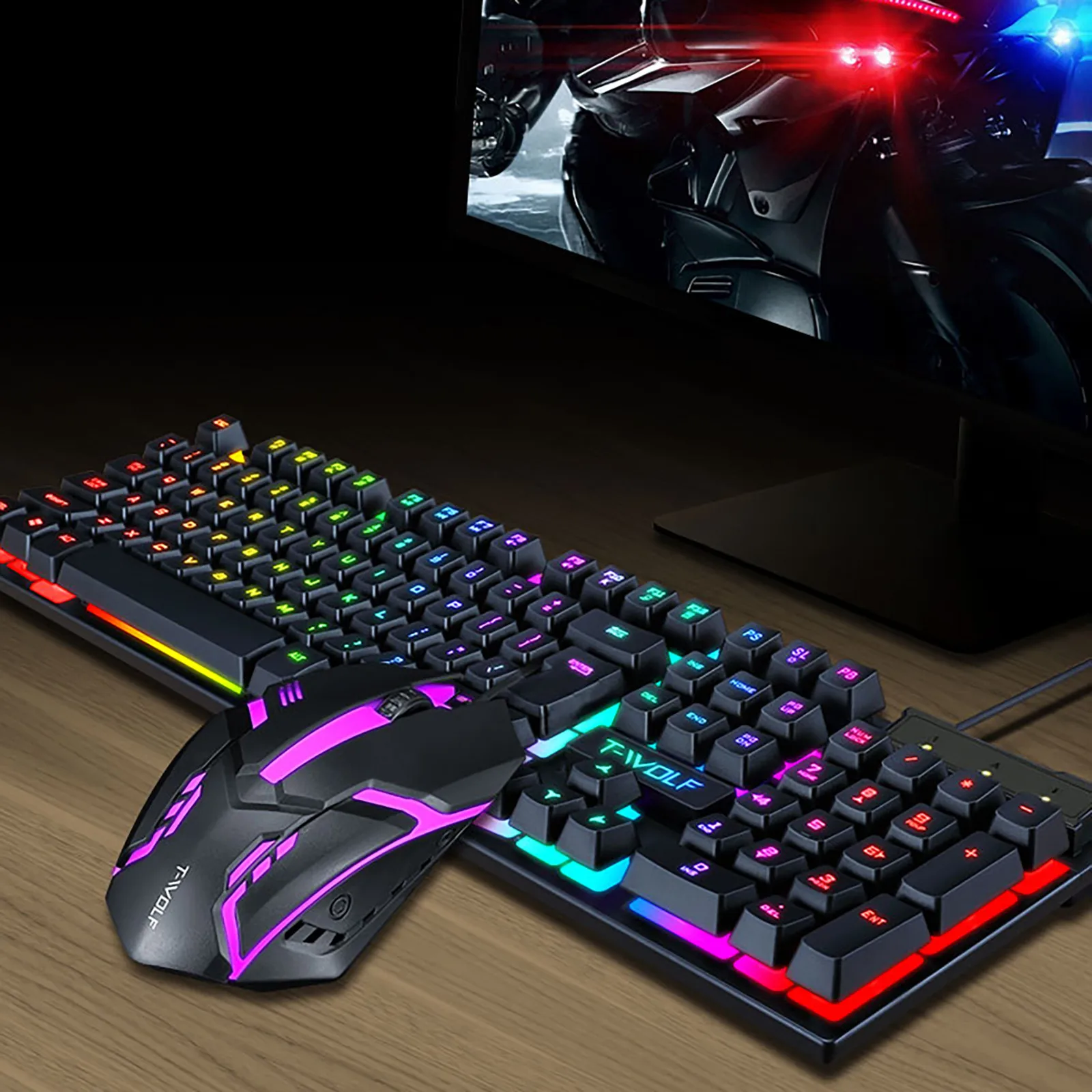 Fashion TF200 Rainbow Backlight Usb Ergonomic Gaming Keyboard and Mouse Set Gaming keyboard Wired Gaming Mouse Kit 104 Keycaps