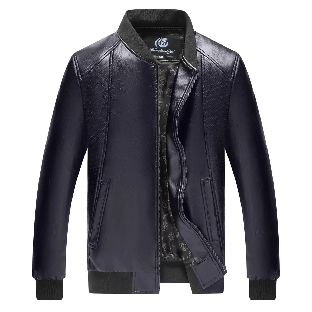 navy blue Высококачественные Куртки из искусственной кожи, мужские осенние однотонные куртки с воротником-стойкой, модный мужской жакет Jaqueta Masculina, зимнее пальто черного цвета - Цвет: navy blue