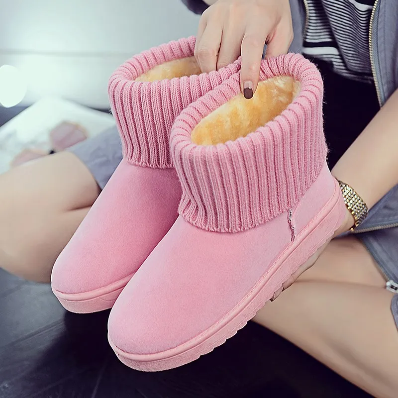 

WDHKUN Warm Winter Snow Boots Pink Flat Bottom Round Toe Women Flat Snow Boots Non-slip Fur Women Winter Boots